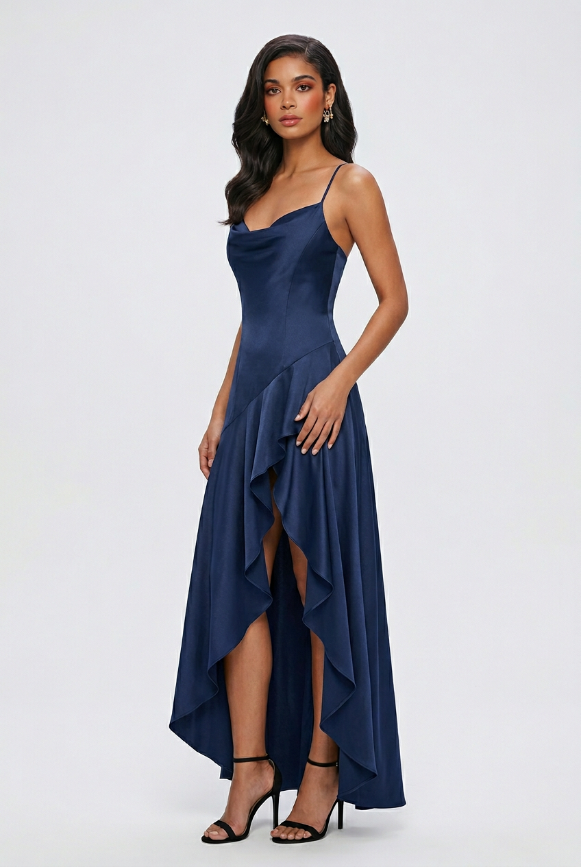 Elegant navy women's dress featuring a lace-up back from Lumina Wear, showcased on a model.