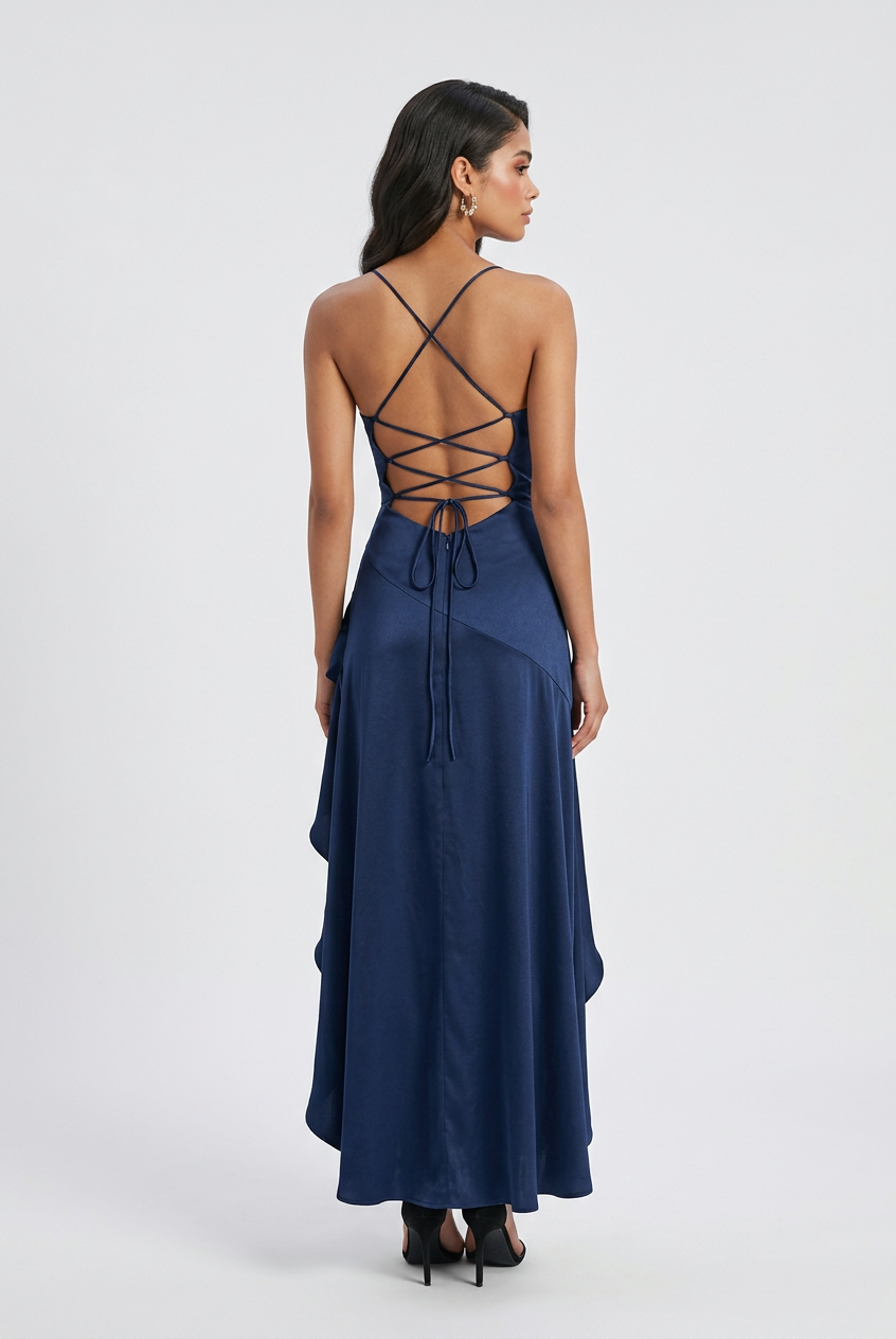 Victoria navy dress by Lumina Wear featuring an elegant design and lace-up back, perfect for stylish women's dresses.