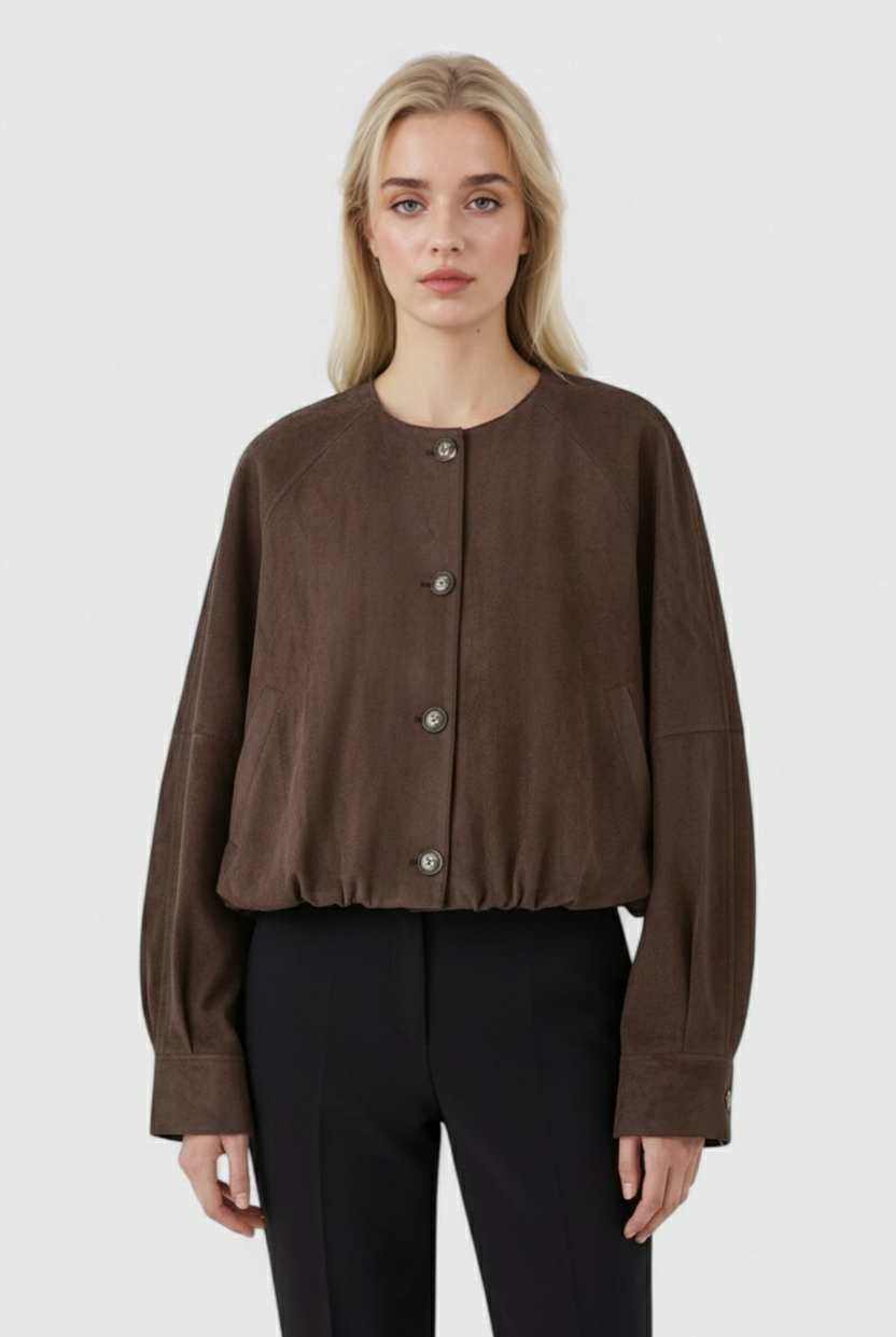 Lumina Wear Victoria women's coffee-colored O-neck jacket with long sleeves and front pockets, stylish outerwear for women.