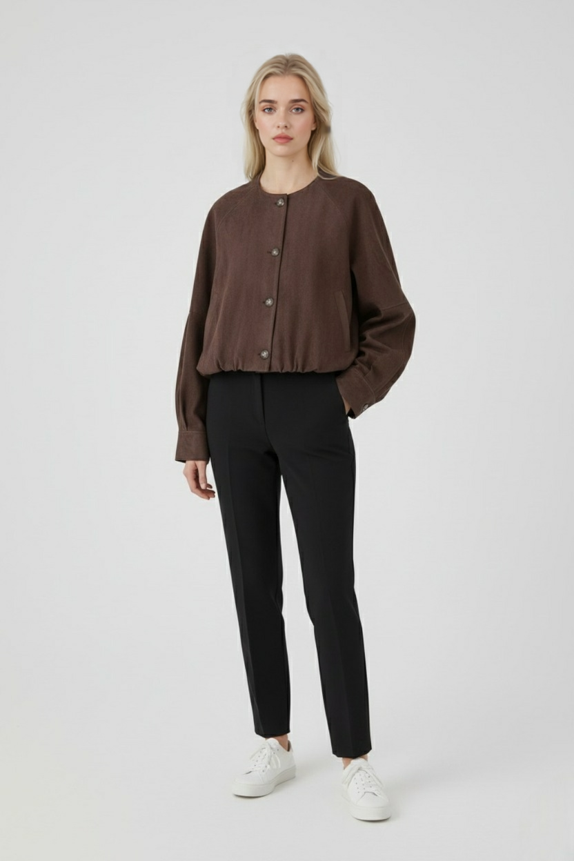 Lumina Wear Victoria elegant coffee-colored women's jacket with O-neck, long sleeves, and pockets, stylish and versatile outerwear.