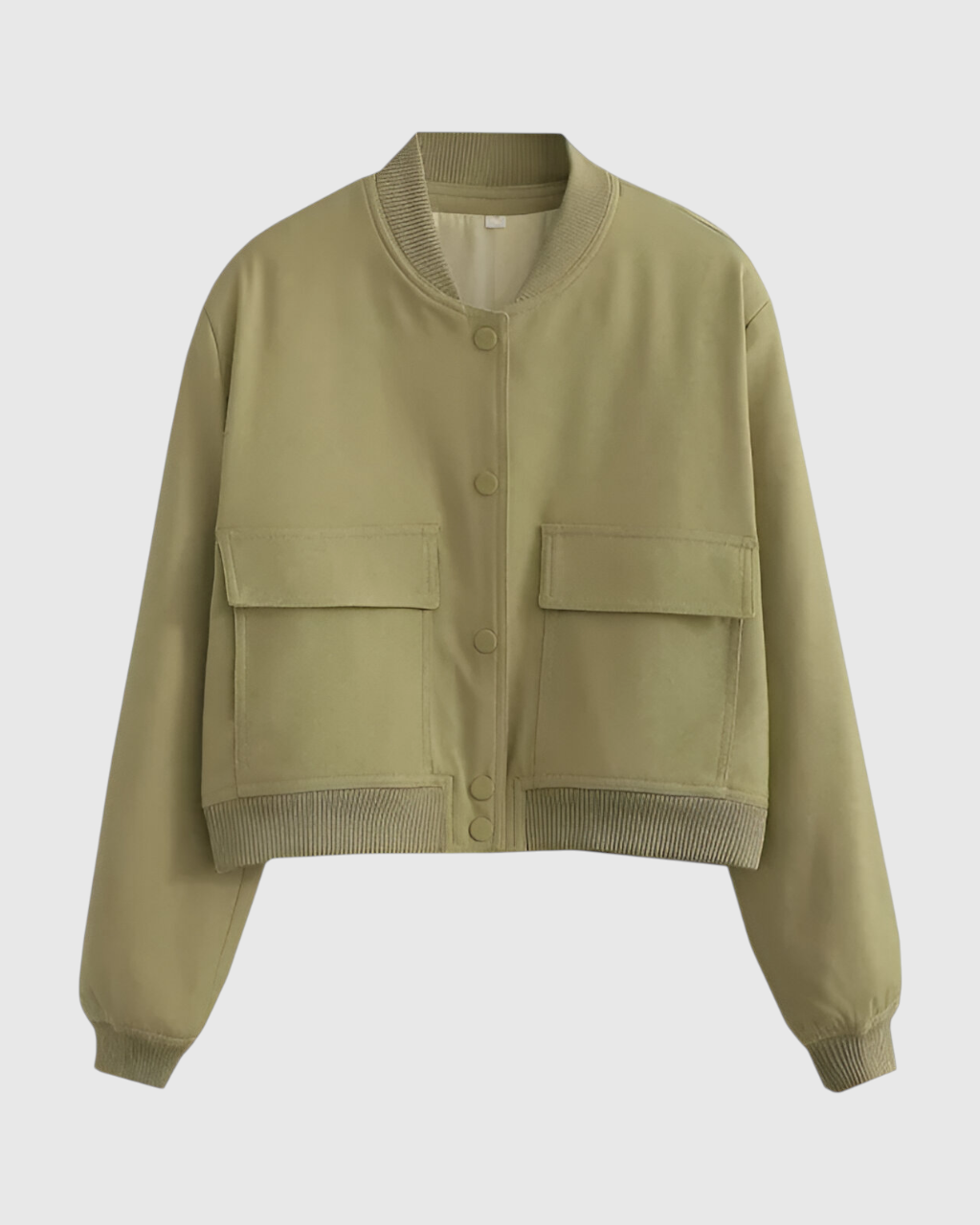 Olive green Victoria bomber jacket by Lumina Wear featuring a timeless design, stylish collar, and fitted silhouette.