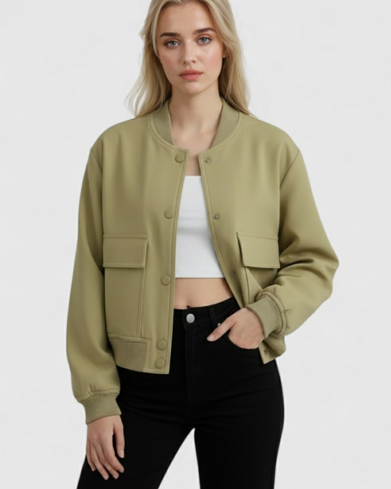 Elegant olive green bomber jacket by Lumina Wear, featuring a timeless design and stylish fit.