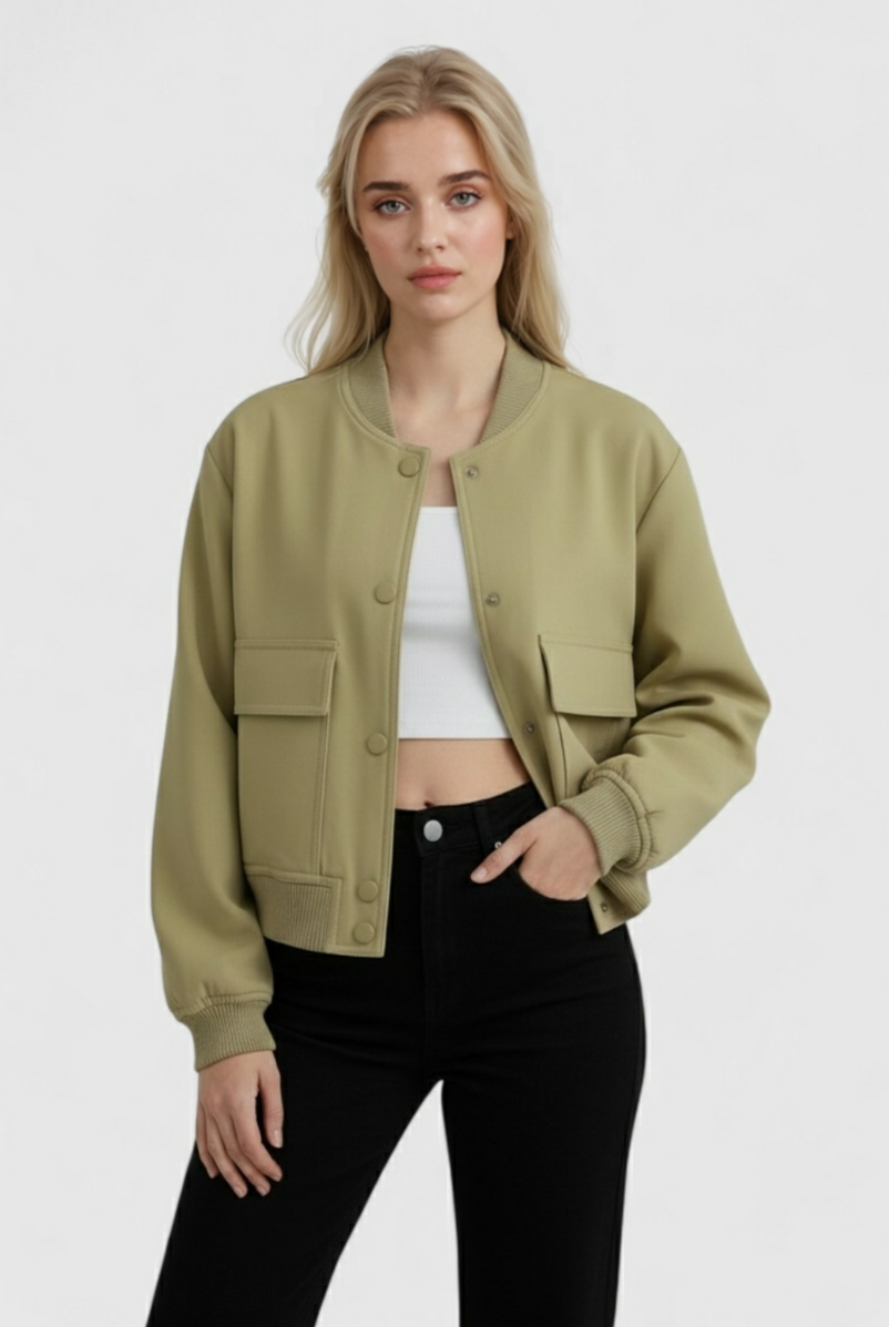 Olive green Victoria bomber jacket by Lumina Wear, featuring a classic design with a fitted silhouette and stylish collar.