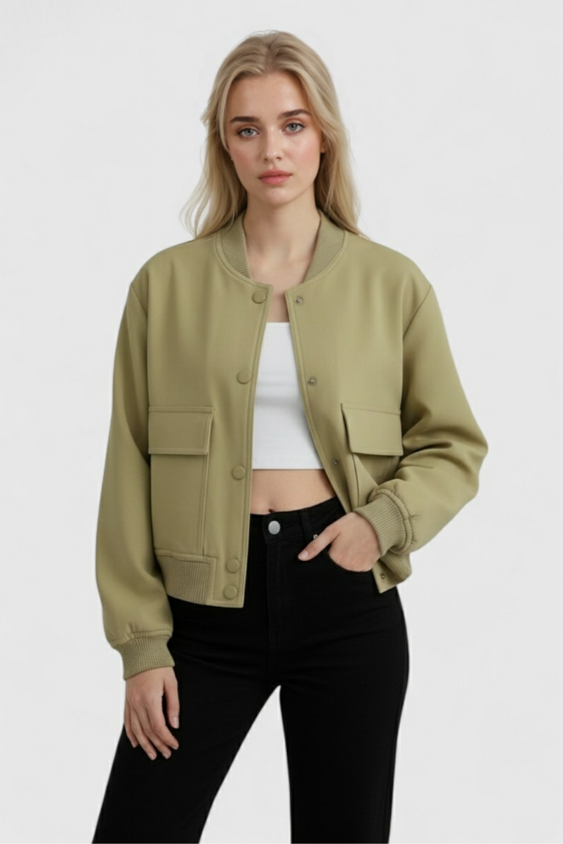 Olive green Victoria bomber jacket by Lumina Wear, featuring a classic design with a fitted silhouette and stylish collar.