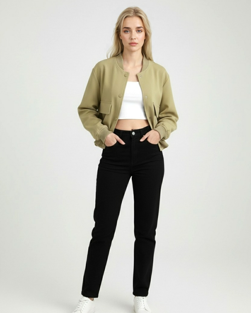 Olive green Lumina Wear Victoria bomber jacket with a timeless, elegant design, shown on a model with a neutral background.