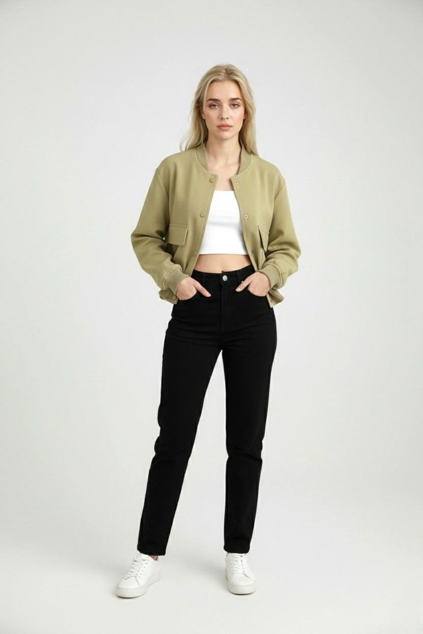 Elegant olive green bomber jacket by Lumina Wear with a timeless design, shown on a model highlighting the stylish fit.