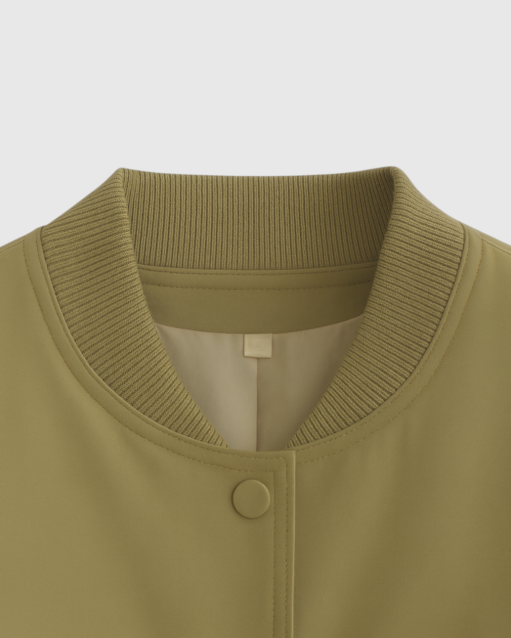 Olive green Victoria bomber jacket by Lumina Wear, stylish and elegant with a timeless design, displayed on a hanger.