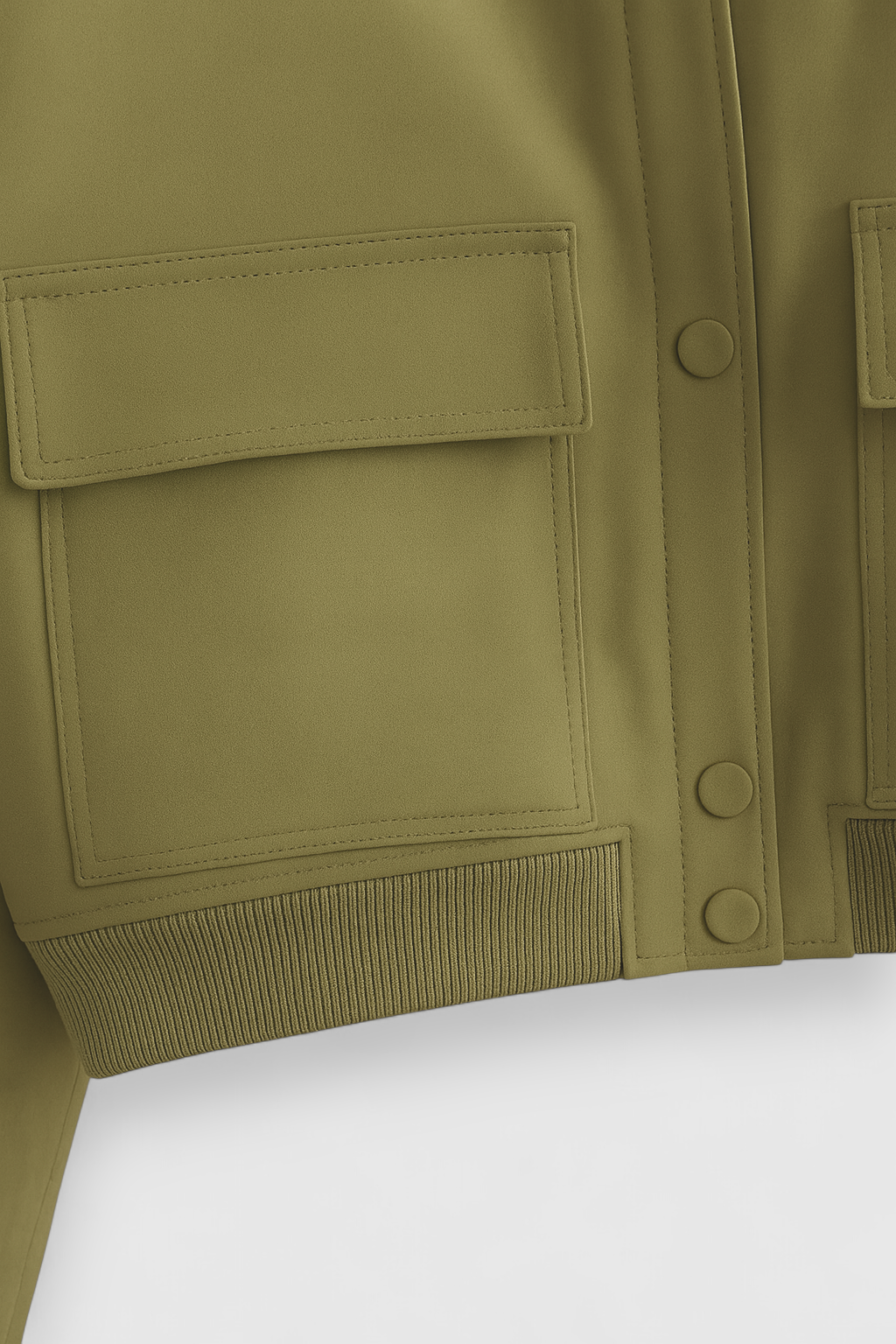 Olive green Victoria bomber jacket by Lumina Wear featuring a timeless design, shown on a model with stylish details.