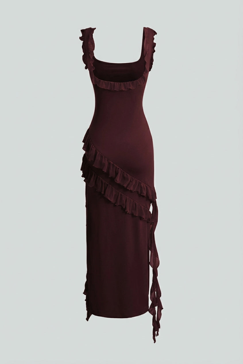 Lumina Wear Victoria maxi dress with elegant open-back design and flattering silhouette in brown, perfect for stylish occasions.