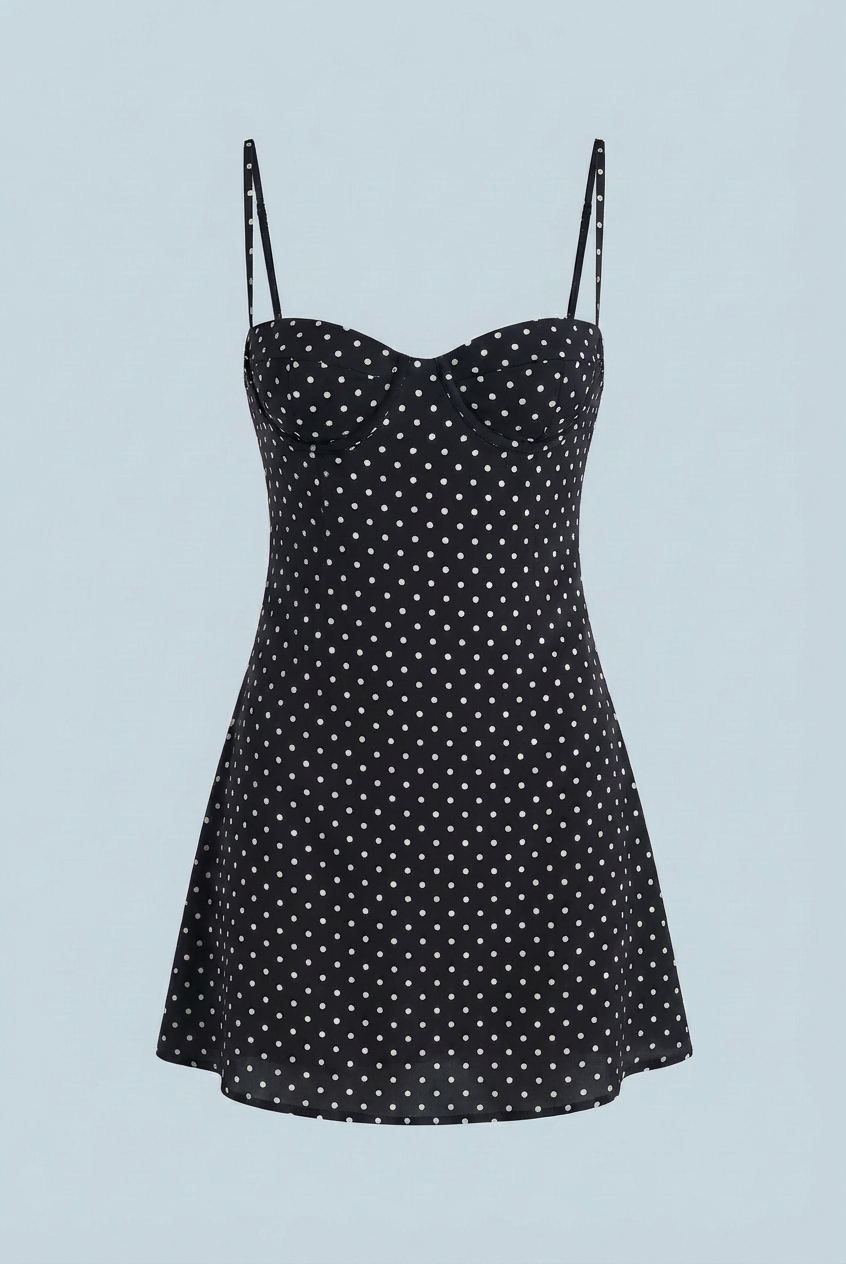 Black Victoria open-back polka dot mini dress with frill hem, elegant women's dress by Lumina Wear, size XS.