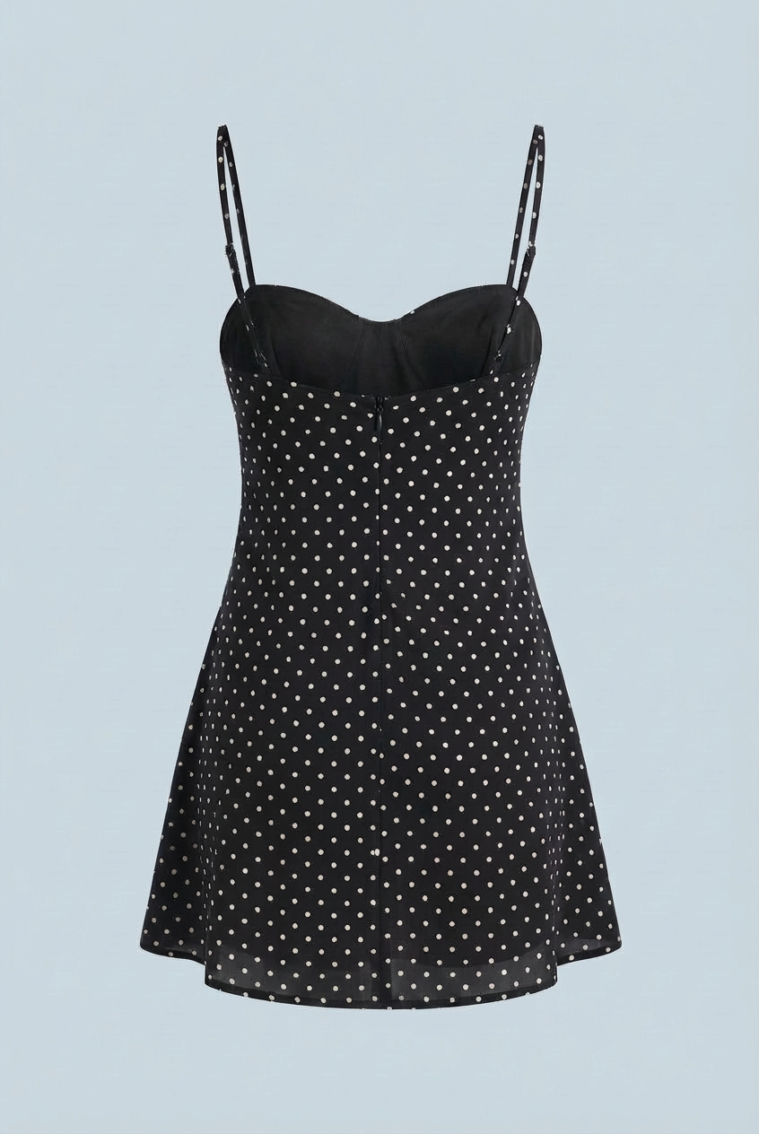 Black Victoria open-back polka dot mini dress with frill hem, stylish women's dress by Lumina Wear