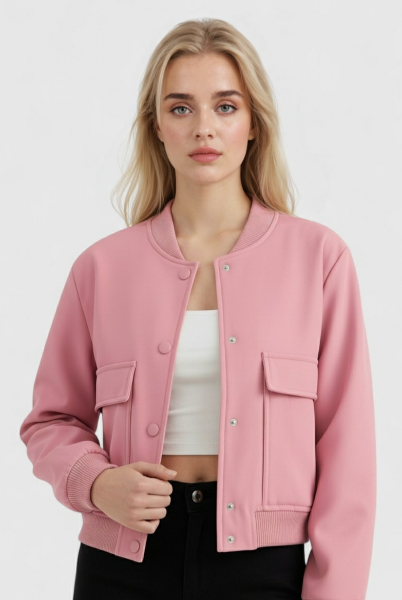 Elegant pink Lumina Wear bomber jacket with a timeless design, featuring a classic fit and stylish details.