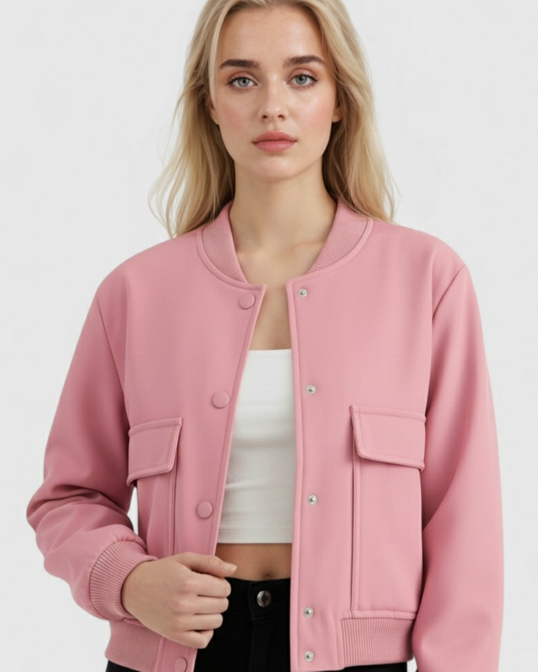 Elegant pink bomber jacket by Lumina Wear featuring a timeless design, showcased on a model with stylish detailing.