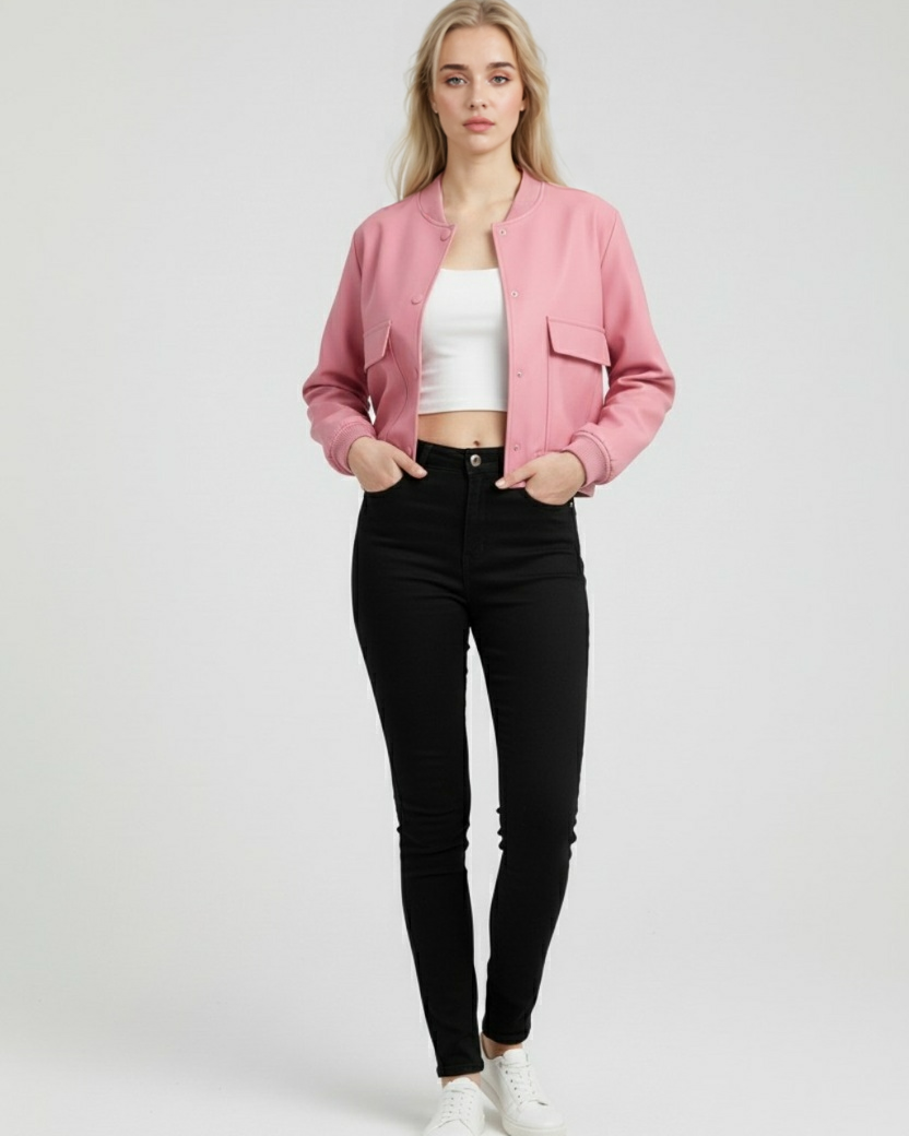 Elegant pink bomber jacket from Lumina Wear featuring a timeless design, showcased on a model in a stylish pose.