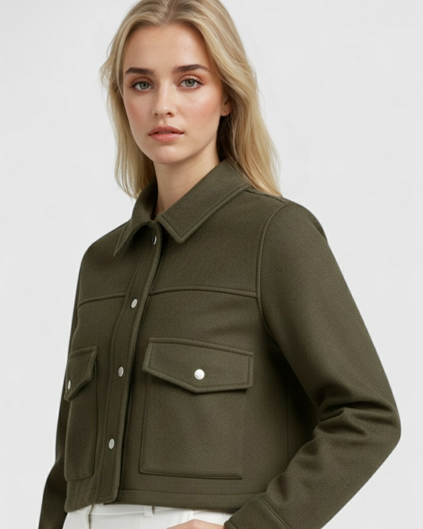 Victoria Lumina Wear army green jacket with classic button closure, stylish and elegant for a versatile wardrobe addition