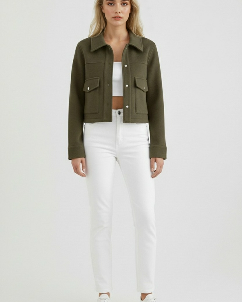 Victoria Lumina Wear army green jacket with classic button closure, stylish and elegant for a versatile wardrobe look.