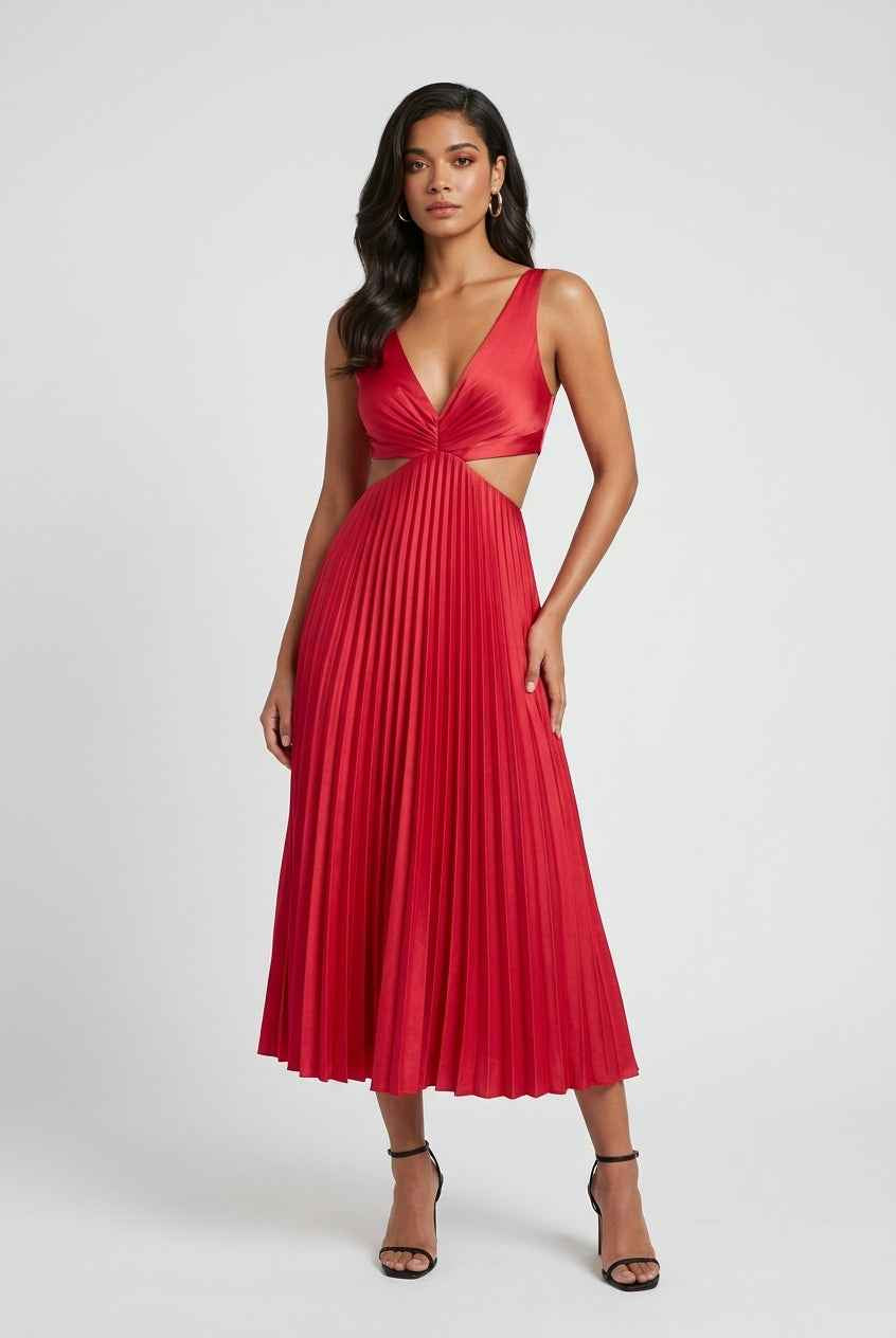 Elegant red pleated midi dress by Lumina Wear, featuring a flattering fit and stylish design, worn by a model showcasing its silhouette.