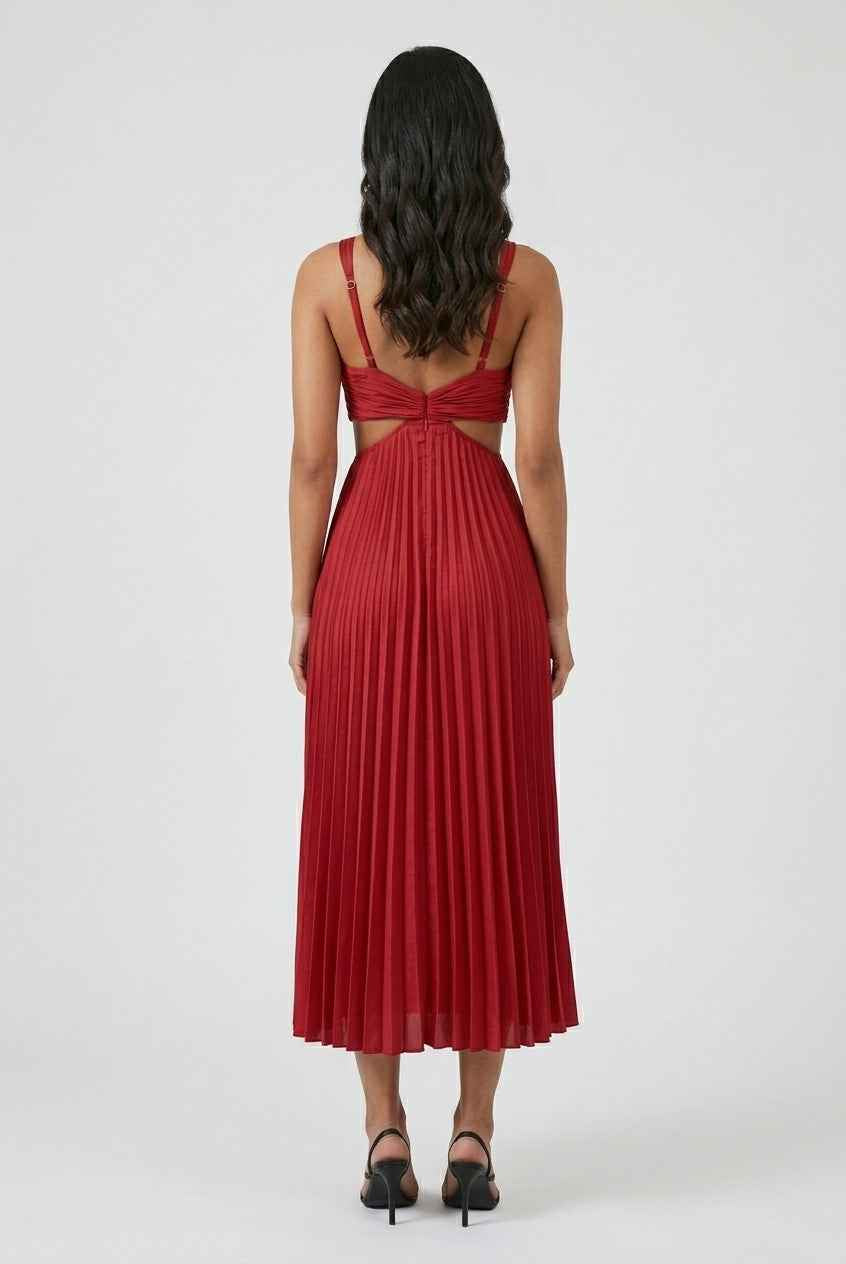 Elegant red pleated midi dress by Lumina Wear, featuring a flattering fit and sophisticated style perfect for special occasions.