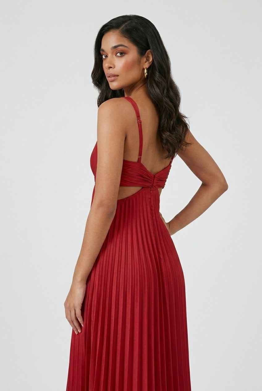 Victoria red pleated midi dress by Lumina Wear, featuring a flattering fit and elegant design, shown on a model.