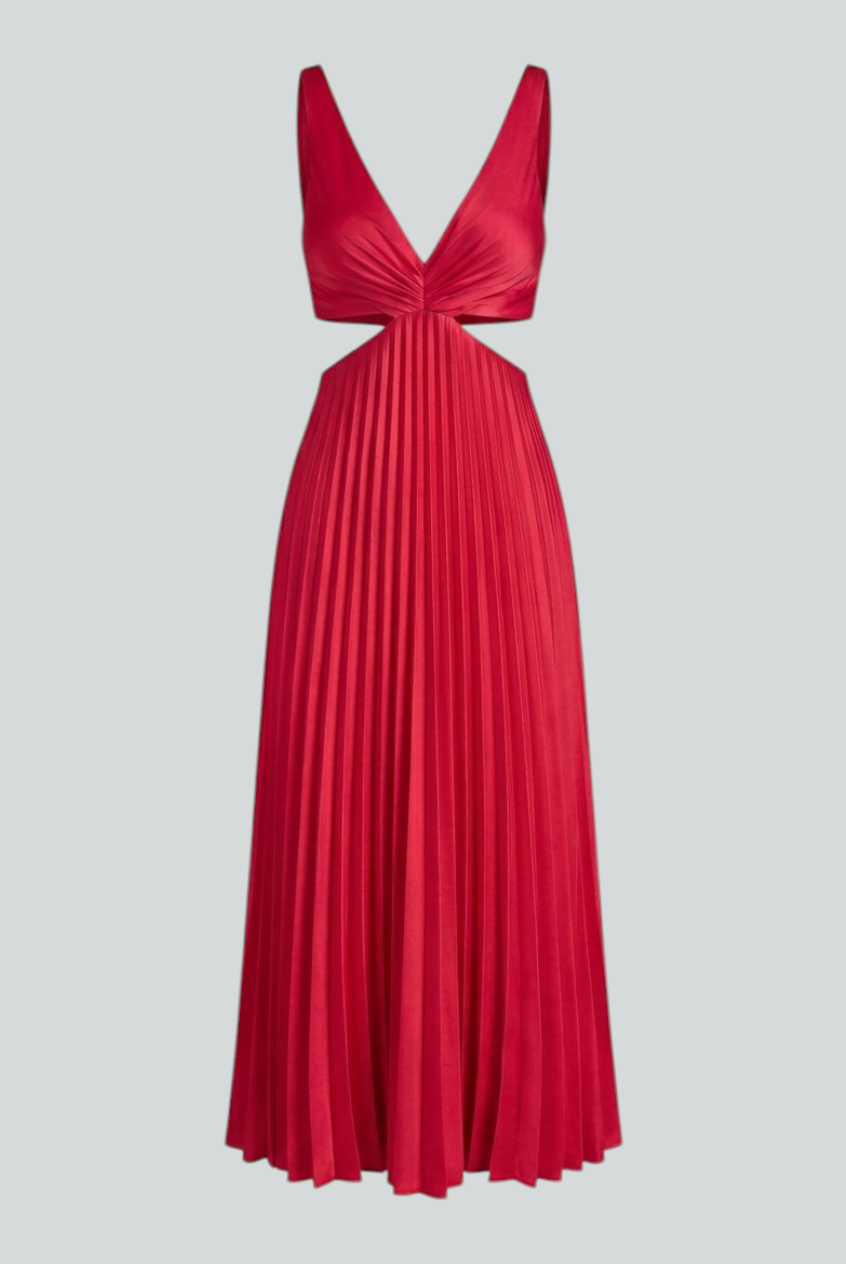 Elegant red pleated midi dress by Lumina Wear featuring a flattering fit and stylish design, perfect for sophisticated occasions.