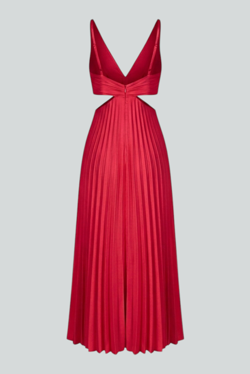 Elegant red pleated midi dress by Lumina Wear, showcasing a flattering fit and stylish design in a full-length view.