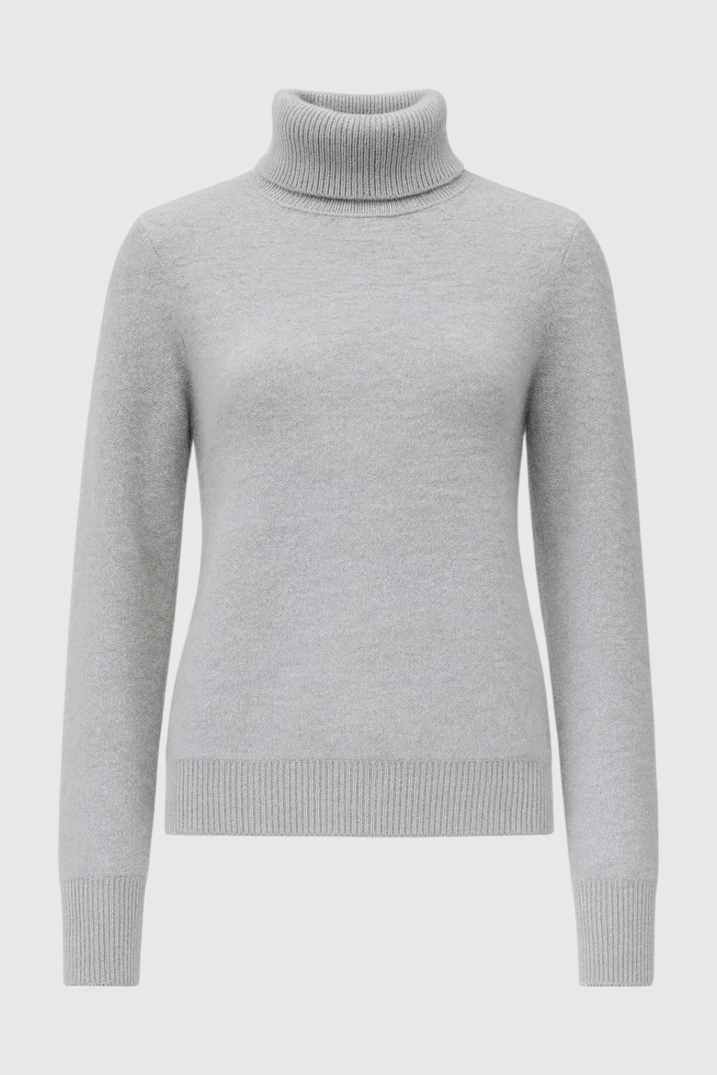 Lumina Wear Victoria gray slim fit turtleneck sweater with velvety texture, showcasing a stylish and cozy sweater for women.