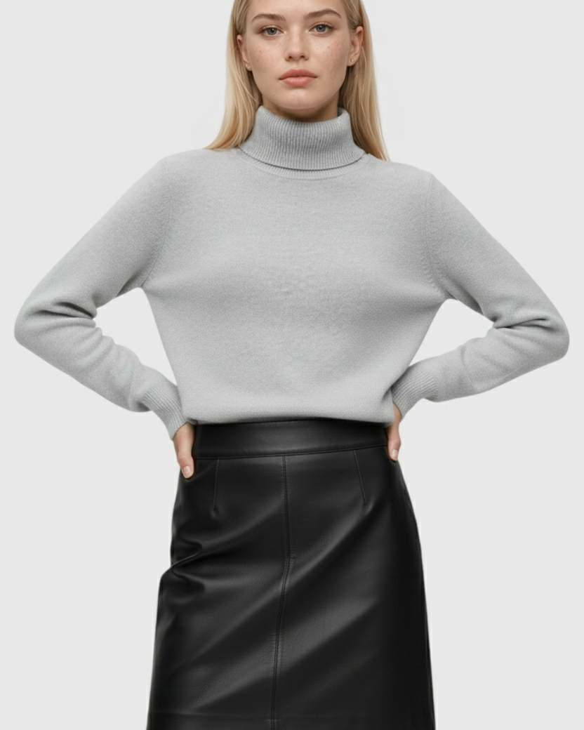 Lumina Wear Victoria gray slim fit turtleneck sweater with velvety texture, showcasing a close-up of the cozy, stylish knit fabric.