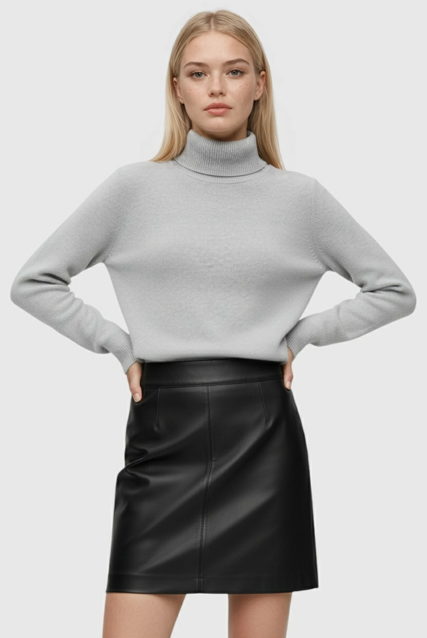 Lumina Wear Victoria gray slim fit turtleneck sweater with velvety texture, showcasing a stylish and cozy sweater for women.