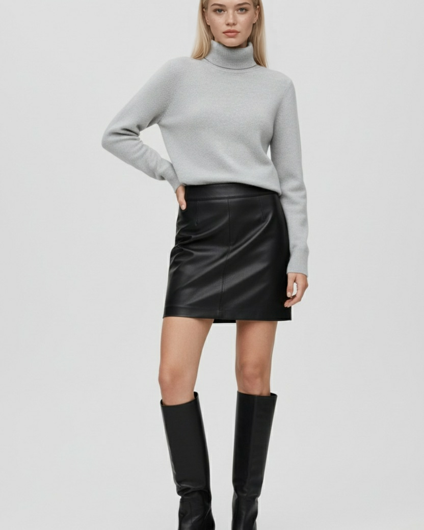 Lumina Wear Victoria gray slim fit turtleneck sweater with velvety texture, showcasing a cozy, elegant sweater for women.