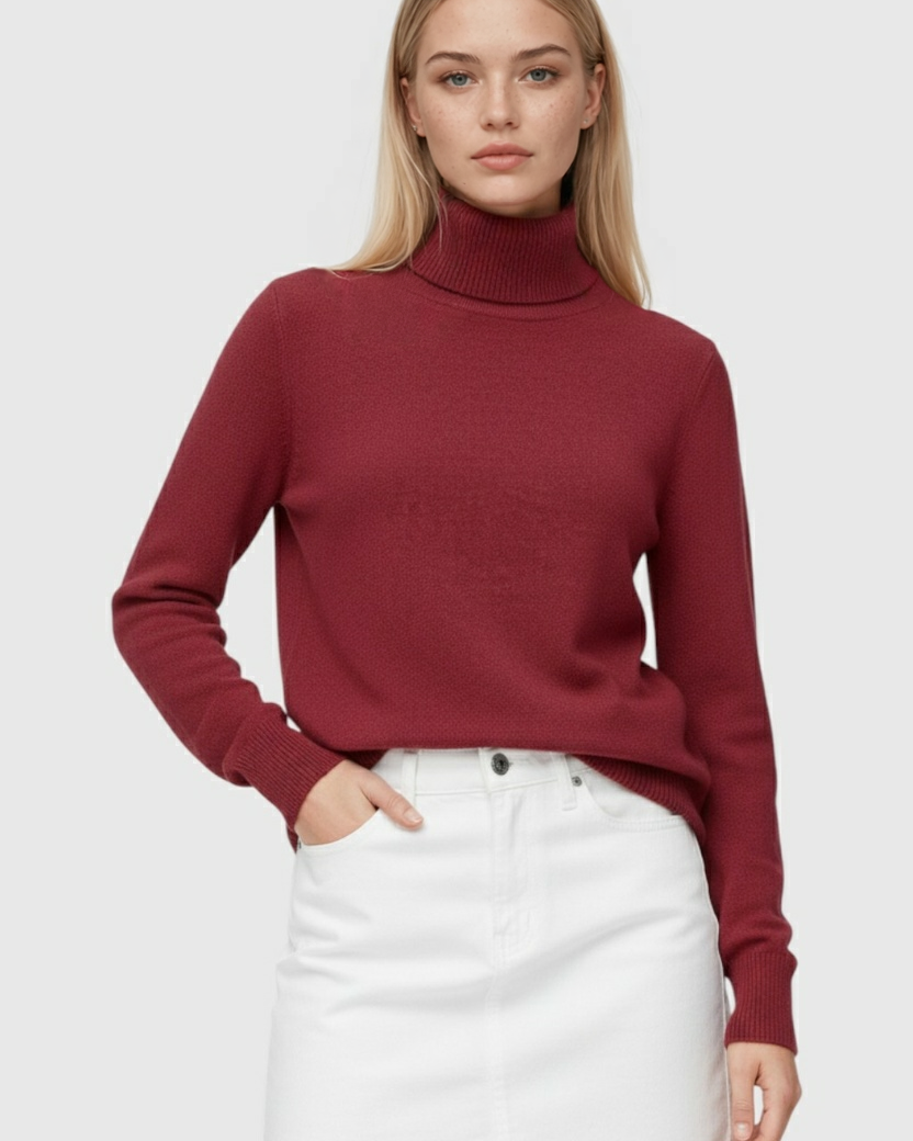 Lumina Wear Victoria slim fit burgundy turtleneck sweater, shown on a model, showcasing the elegant, fitted design and cozy knit fabric.