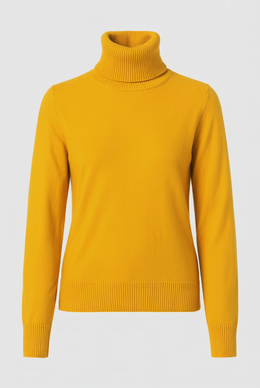 Grey Victoria Lumina Wear slim fit turtleneck sweater displayed on a model, showcasing its elegant design and cozy fit.