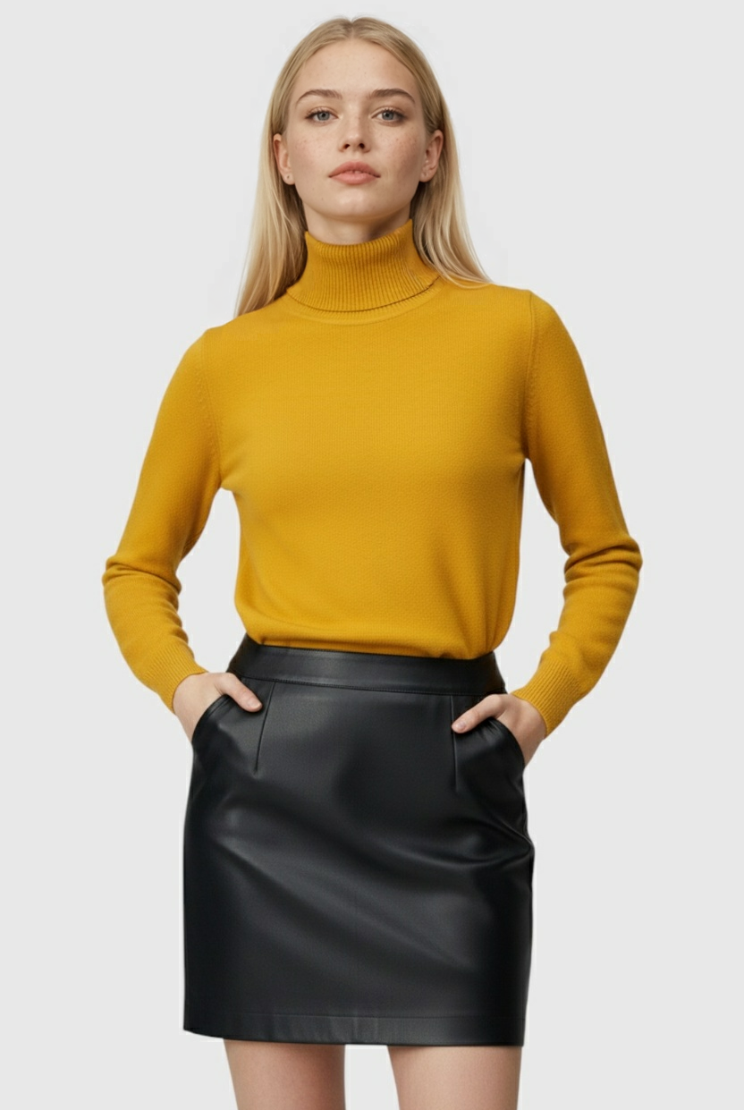 Grey Victoria Lumina Wear slim fit turtleneck sweater, close-up of the elegant, snug sweater with high neckline.