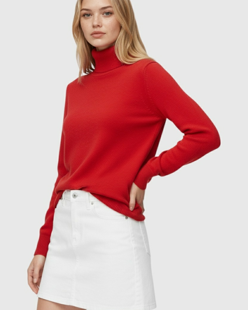 Lumina Wear Victoria red slim turtleneck sweater with velvety finish, fitted knit design, and stylish look.