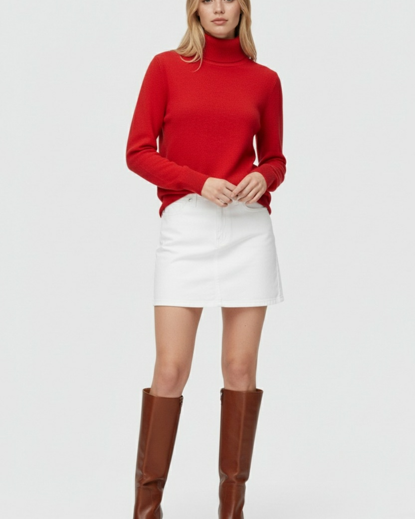 Lumina Wear Victoria red slim turtleneck sweater with velvety finish, showcasing a stylish and cozy knit design.