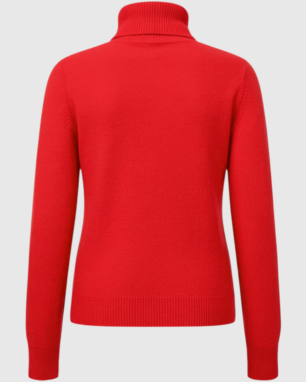 Lumina Wear Victoria red turtleneck sweater with a slim fit and velvety finish, showcasing a stylish and cozy knit design.