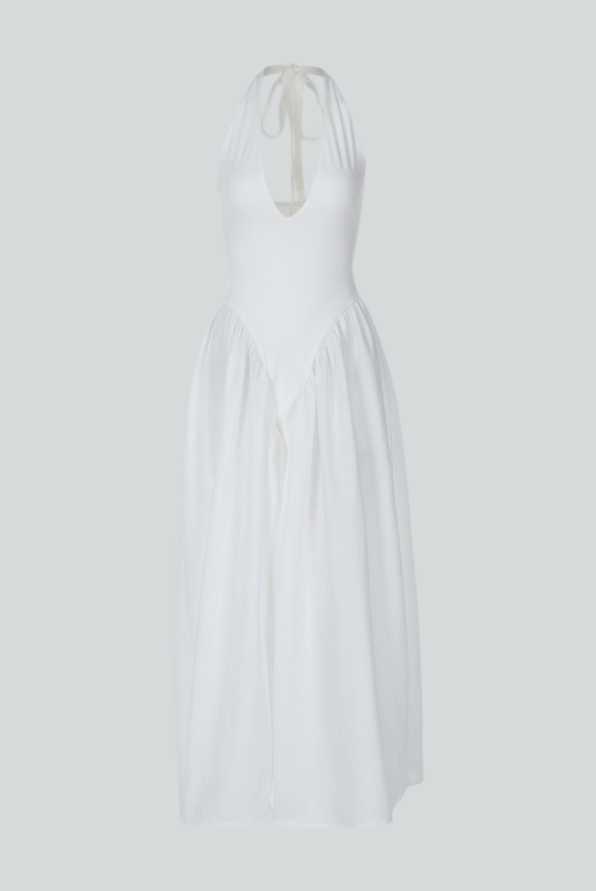 Elegant white midi dress with tailored fit by Lumina Wear, showcased on a model, highlighting its sophisticated design.