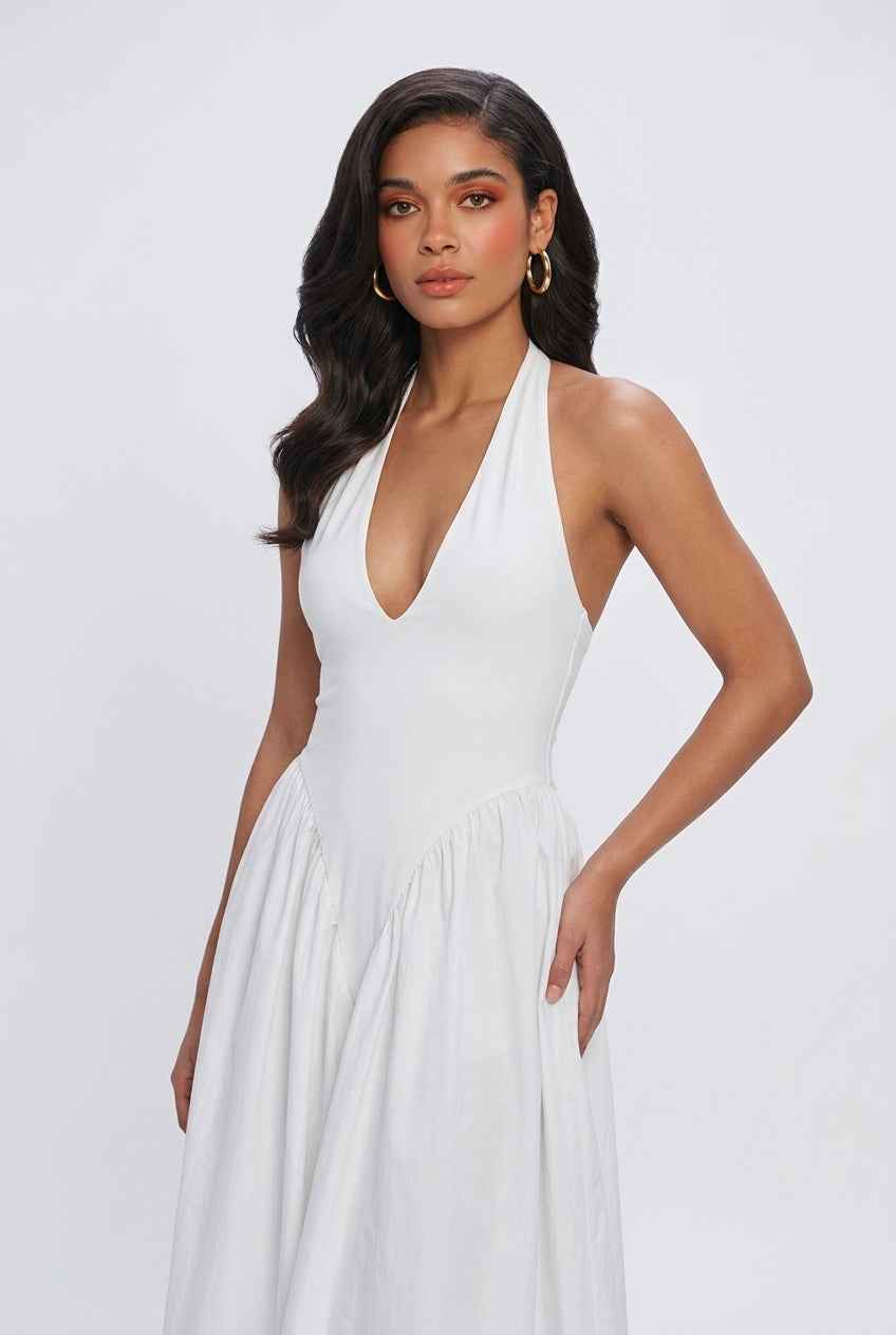 Elegant white midi dress by Lumina Wear, tailored fit, sleeveless design, and classic silhouette perfect for formal occasions.