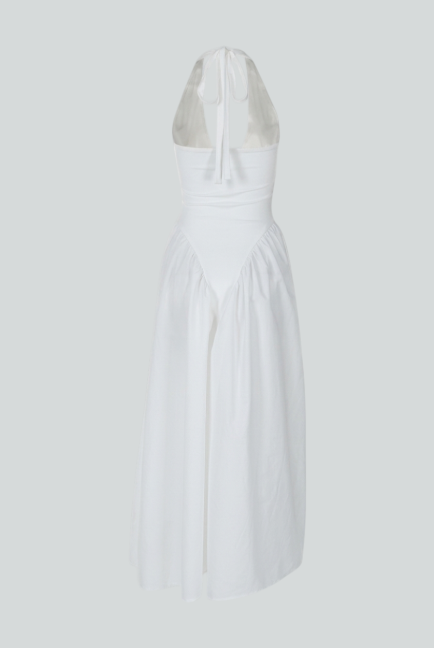 Elegant white midi dress by Lumina Wear featuring a tailored fit and sophisticated style, perfect for formal occasions.