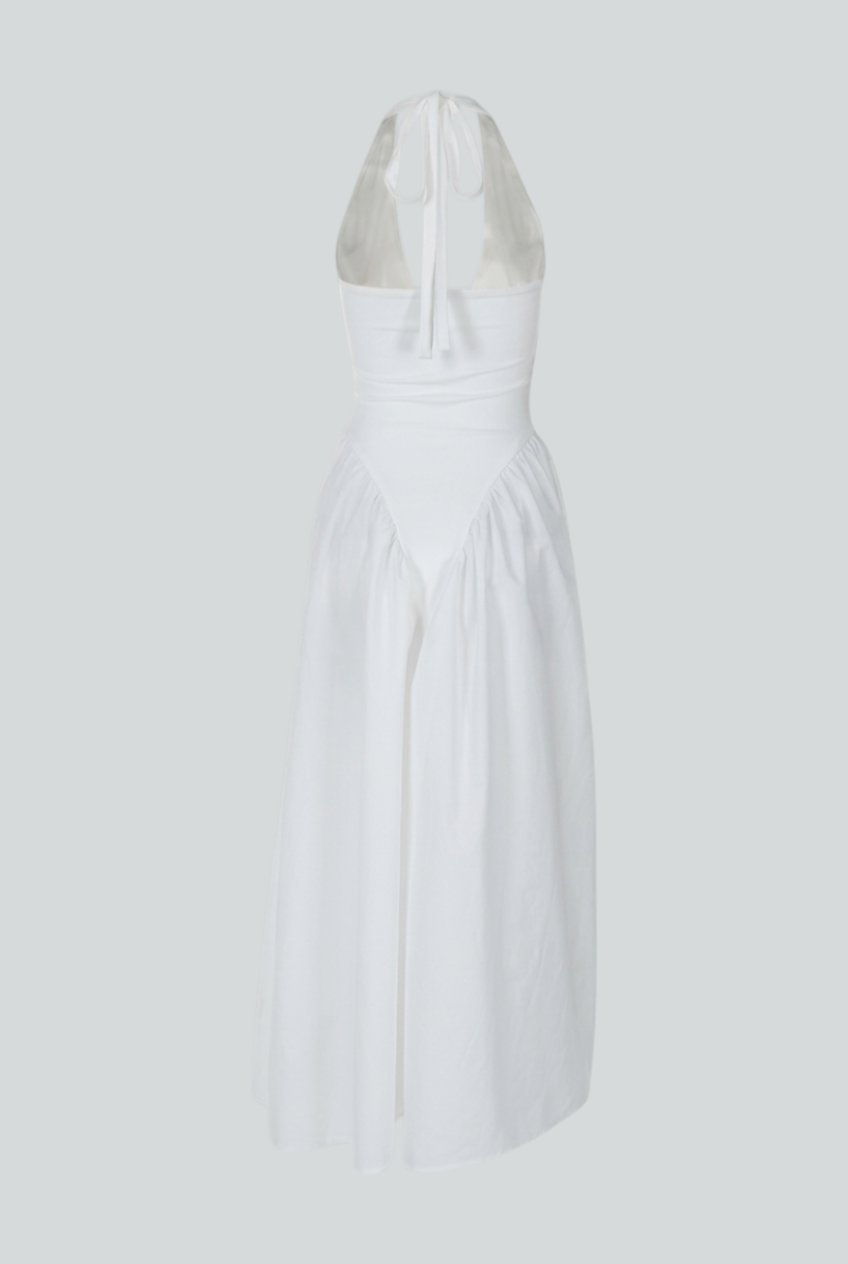 Elegant white midi dress by Lumina Wear featuring a tailored fit and sophisticated style, perfect for formal occasions.