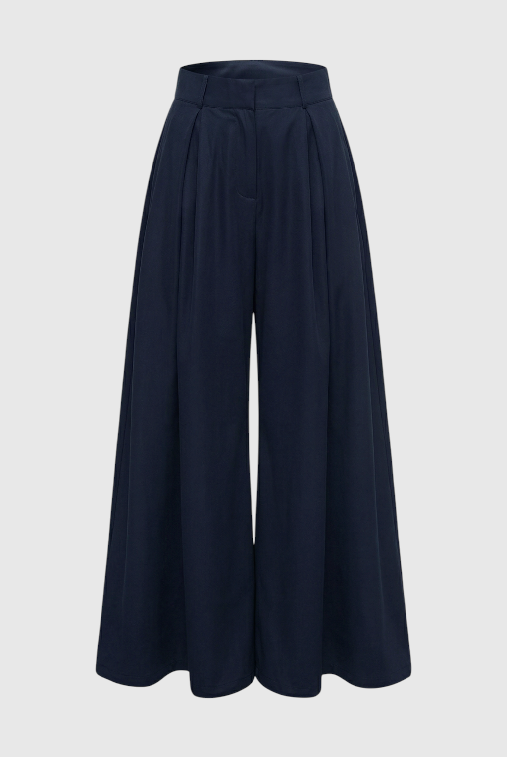 Navy blue Victoria wide leg trousers from Lumina Wear featuring stretch comfort and elegant design, shown on a model.