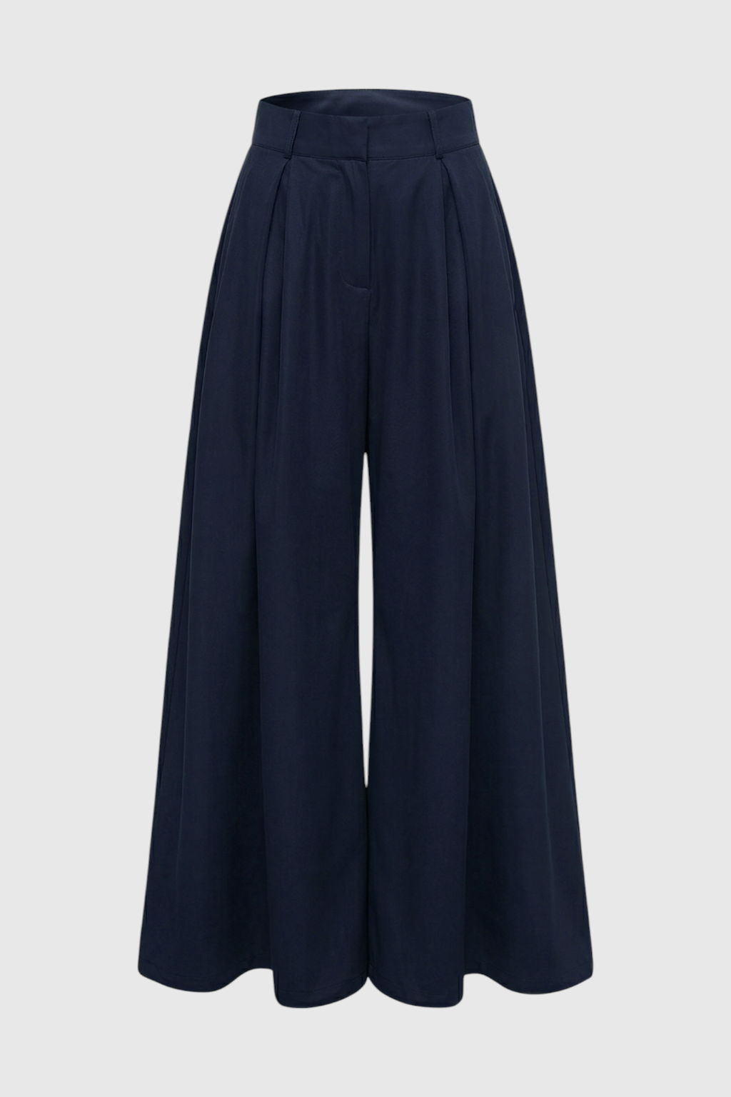 Navy blue Victoria wide leg trousers from Lumina Wear featuring stretch comfort and elegant design, shown on a model.