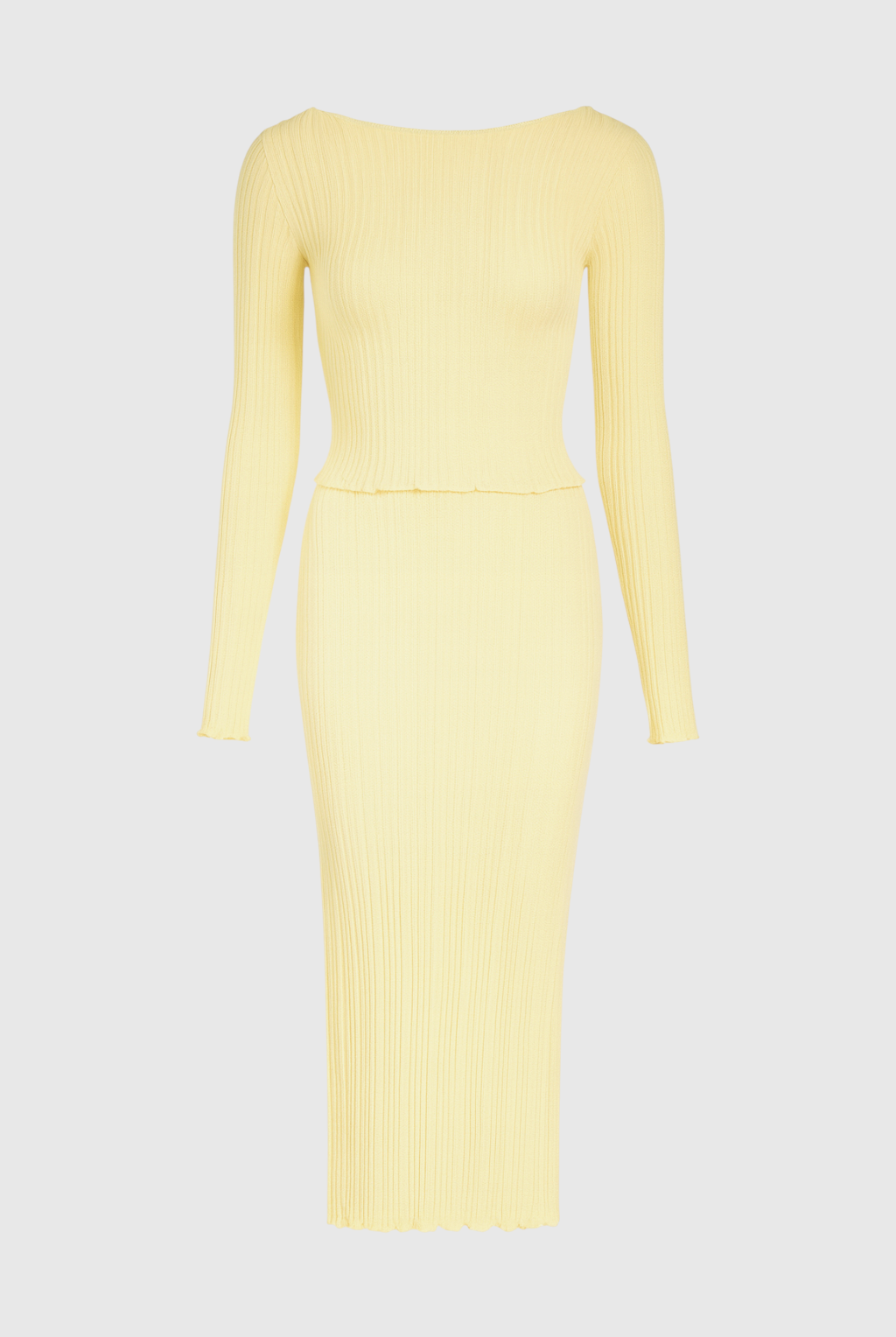 Elegant yellow knitted maxi skirt set with slim fit from Lumina Wear, featuring a stylish and comfortable design.