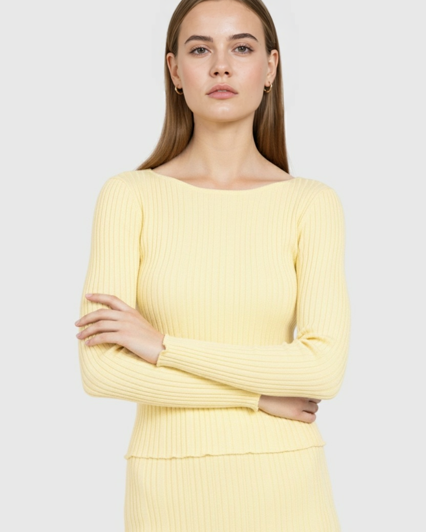 Elegant yellow knitted maxi skirt set with slim fit by Lumina Wear, featuring a coordinated top and long skirt in a stylish design.