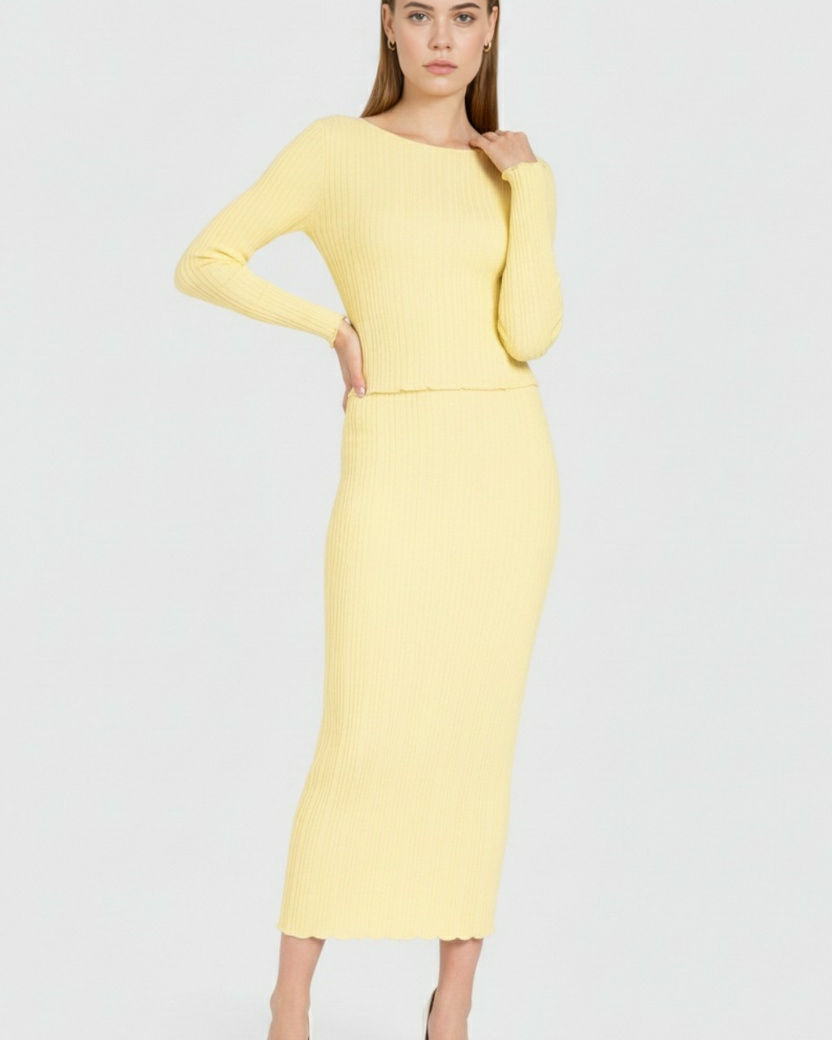 Lumina Wear Victoria yellow knitted maxi skirt set with slim fit, featuring a stylish, elegant design and matching top.