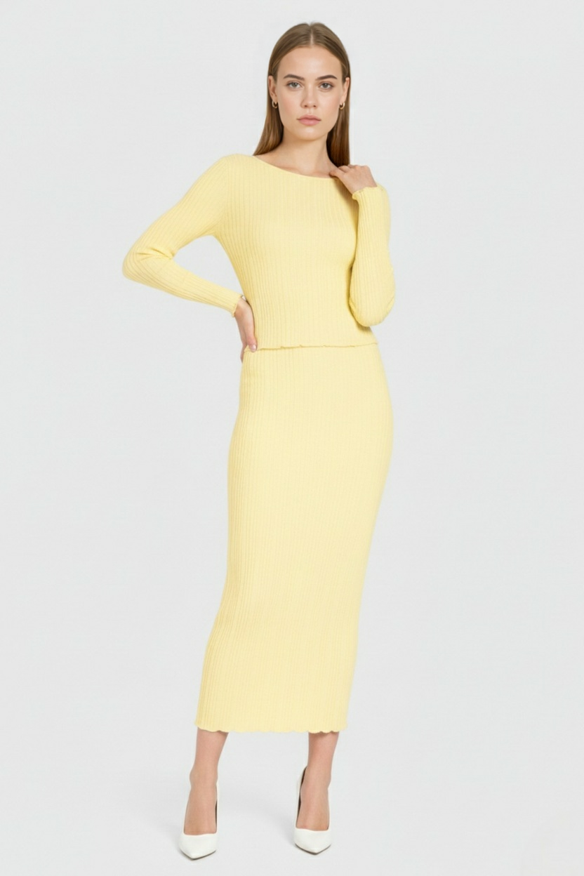 Elegant yellow knitted maxi skirt set by Lumina Wear featuring a slim fit, perfect for stylish casual or dressy looks.