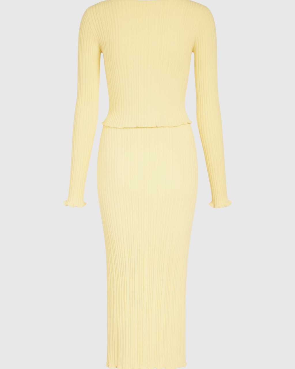 Elegant yellow knitted maxi skirt set by Lumina Wear featuring a slim fit, perfect for stylish, comfortable summer outfits.