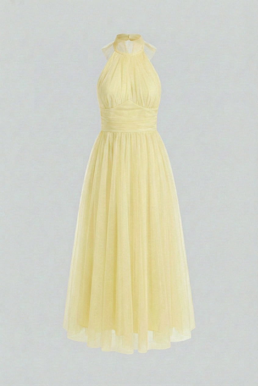 Elegant yellow Victoria midi dress with high neck design by Lumina Wear, perfect for women’s stylish occasions.