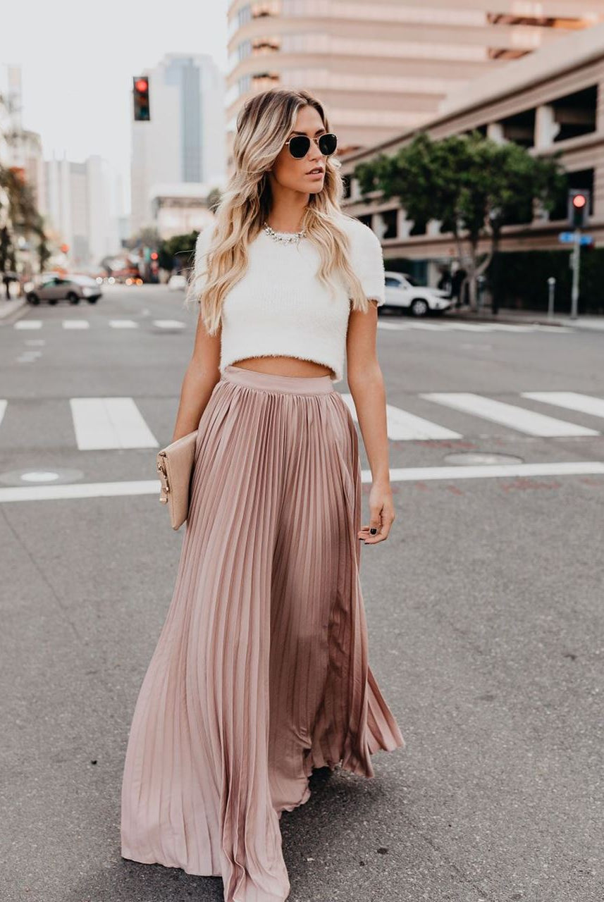 Flowy brown high-waist maxi skirt by Lumina Wear featuring a stylish, elegant design and flowing fabric.