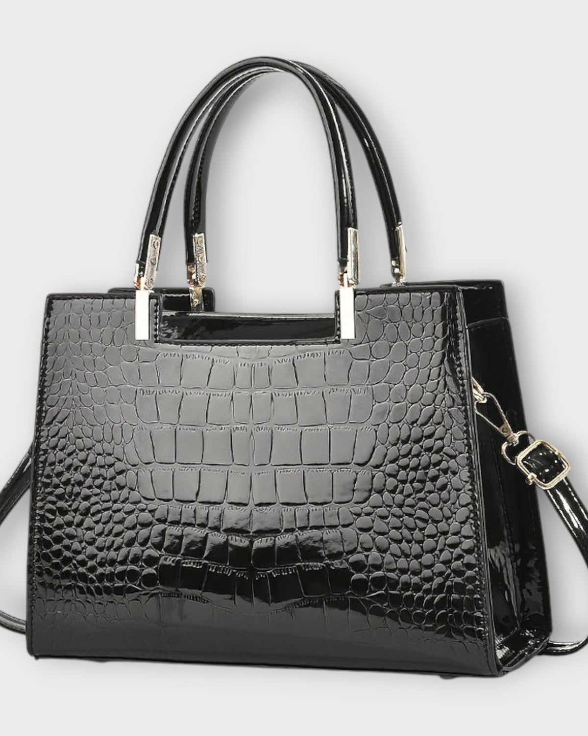 Black glossy crocodile pattern handbag with structured design from Lumina Wear Victoria collection.