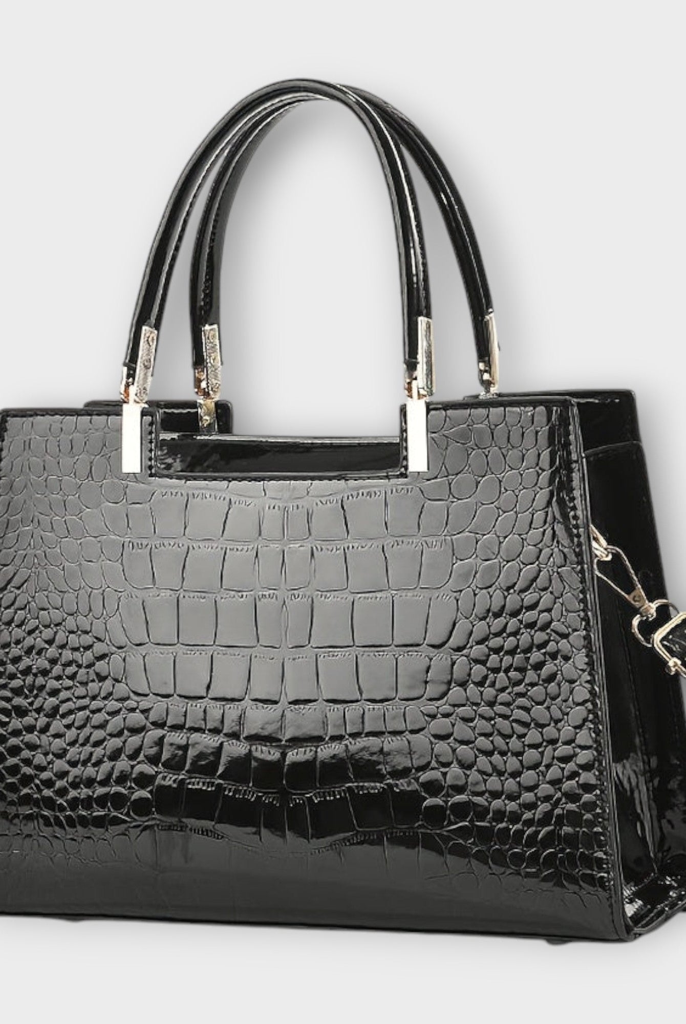 Black Victoria glossy crocodile pattern handbag by Lumina Wear featuring a structured design and elegant craftsmanship.